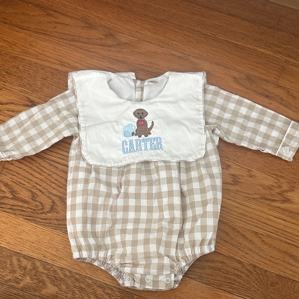 Carter Beige Checkered Baby Romper with Bib